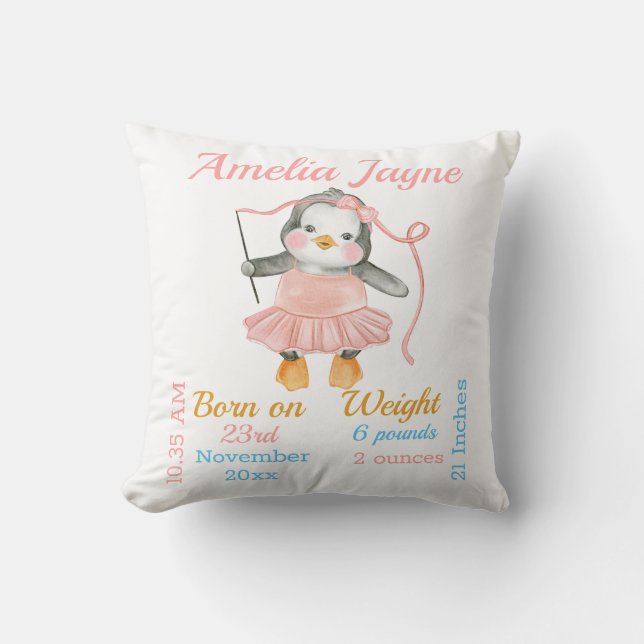 Almofada Estatísticas de Bebê Menina Bailarina Pinguim Rosa (Frente)