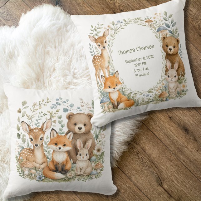 Almofada Estatísticas de Nascimento Animais da Floresta Beb (Woodland animals Personalized Birth Stats Baby Nursery Throw Pillow. Gender Neutral. Gift for Baby)