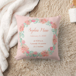 Almofada Estatísticas de Nascimento de Bebê Floral em Aquar