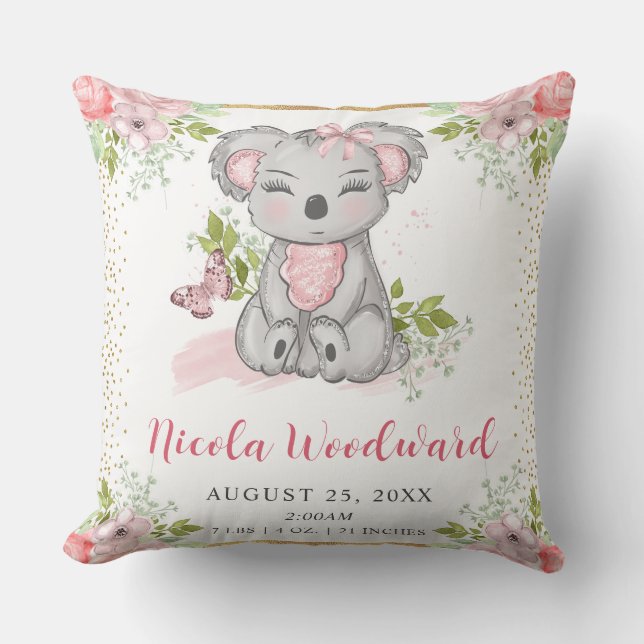 Almofada Estatísticas de Nascimento de Bebê Koala Floral Fo (Frente)