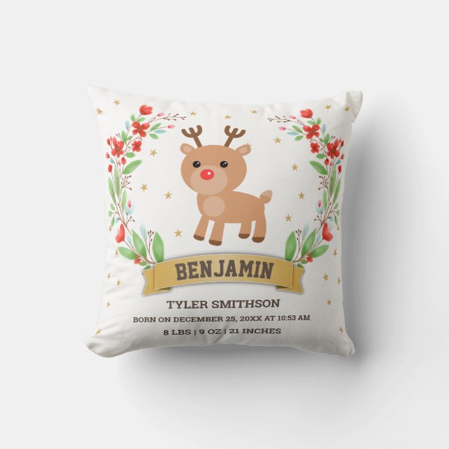 Almofada Estatísticas de Nascimento de Bebê Menino Rena da  (Frente)
