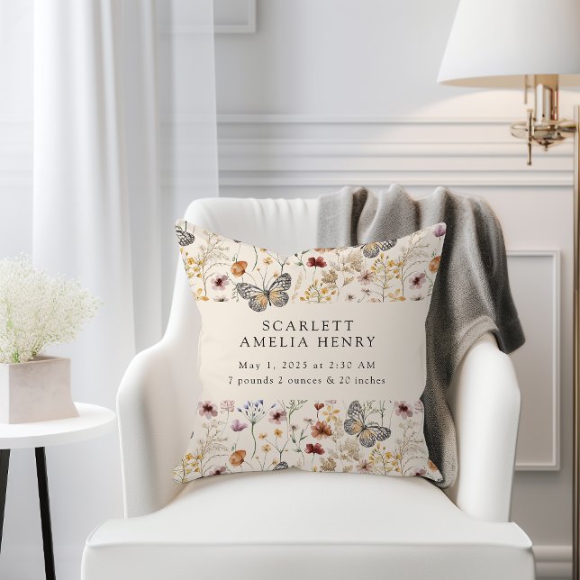 Almofada Estatísticas de Nascimento do Bebê Boho Wildflower (Boho Wildflowers Butterflies  Baby Birth Stats Throw Pillow by Painted Paperie
)