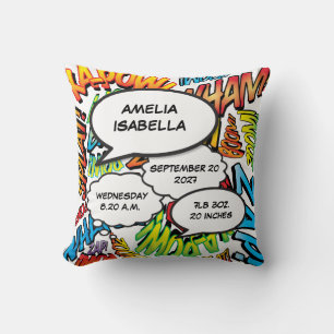 Almofada Estatísticas de Nascimento do Bebê Quadrinhos Arte