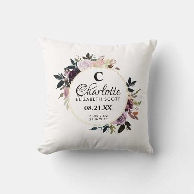 Almofada Estatísticas de Nascimento Floral Púrpura a Rosa M (Frente)