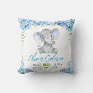 Almofada Estatísticas do Bebê Menino Elefante Azul Berçário
