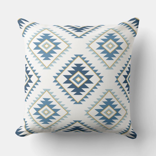 Almofada Estilo Aztec Motif Big Pattern Blues Branco Dourad (Frente)