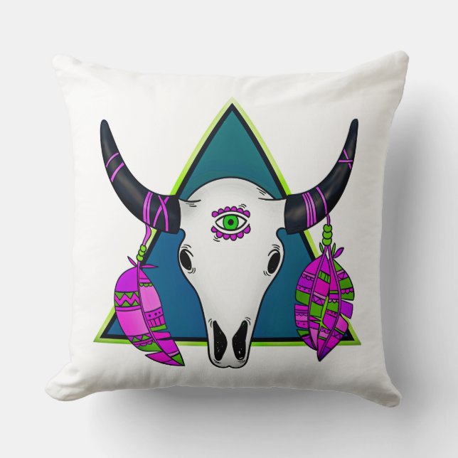 Almofada Estilo Boêmico Caveira e Penas (Frente)