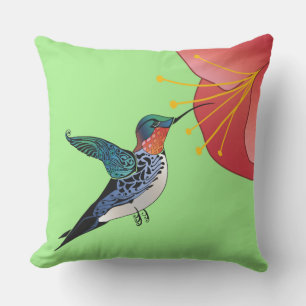 Almofada Estilo de Tatuagem Hummingbird Red Tropical Flor