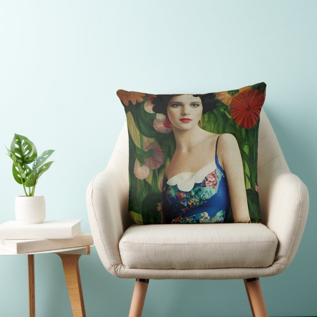 Almofada Estilo Deco Elegante Mulher com Flores Grandes (Cadeira)