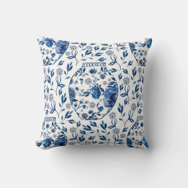 Almofada Estilo Floral de Chinoiserie Azul e Branco, pintad (Frente)
