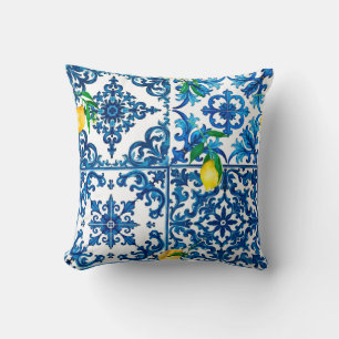 Almofada estilo italiano,Mediterrâneo,mosaico,azul,limão