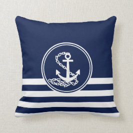 Almofada Estilo Náutico Azul E Branco, Âncora E Fitas