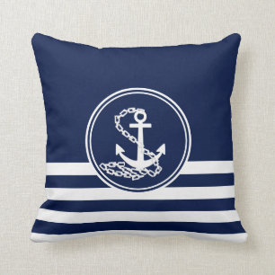 Almofada Estilo Náutico Azul E Branco, Âncora E Fitas
