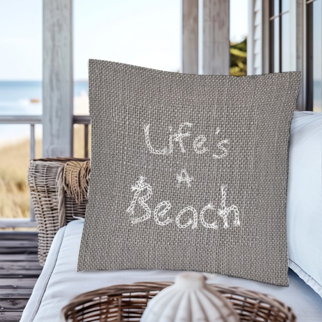 Almofada Estilo Rustic Cinza Burlap "Life's A Beach" (Criador carregado)