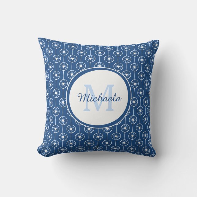 Almofada Estiloso Nome Monogramado Coração Pontos Azul Clás (Frente)