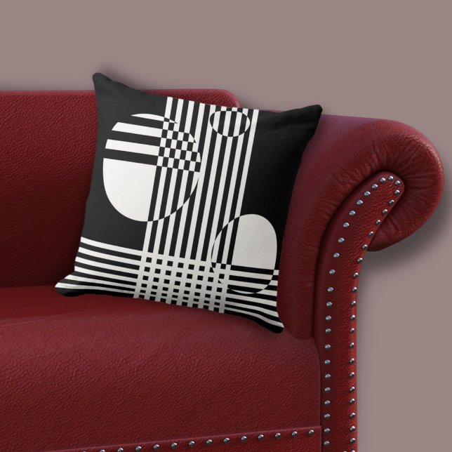 Almofada Estirpes e Círculos Brancos e Pretos Irregulares (Irregular White & Black Stripes & Circles Throw Pillow, Living Room)