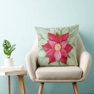Almofada Estrela de Natal Poinsettia Watercolor pintada à m