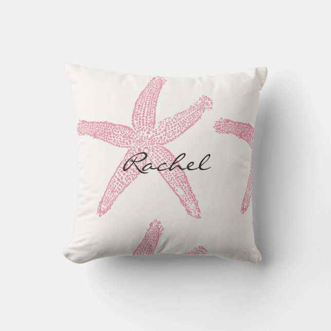 Almofada Estrela do Mar Branca Pastel Rosa Branco Nome Pres (Frente)