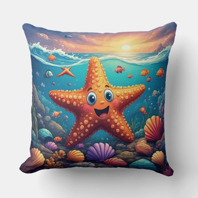 Almofada Estrela-do-mar Sorridente e Fofa Desenho na Praia (Frente)