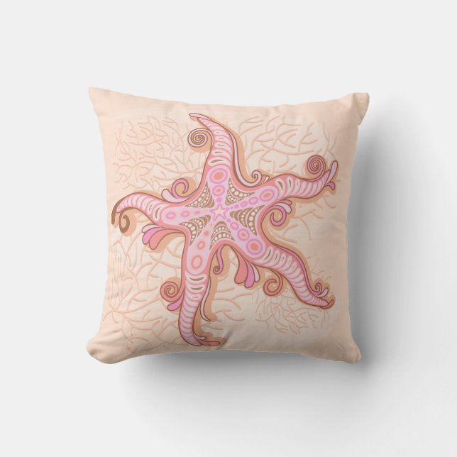 Almofada Estrelas-do-mar e Coral Padrão Pastel Rosa (Frente)