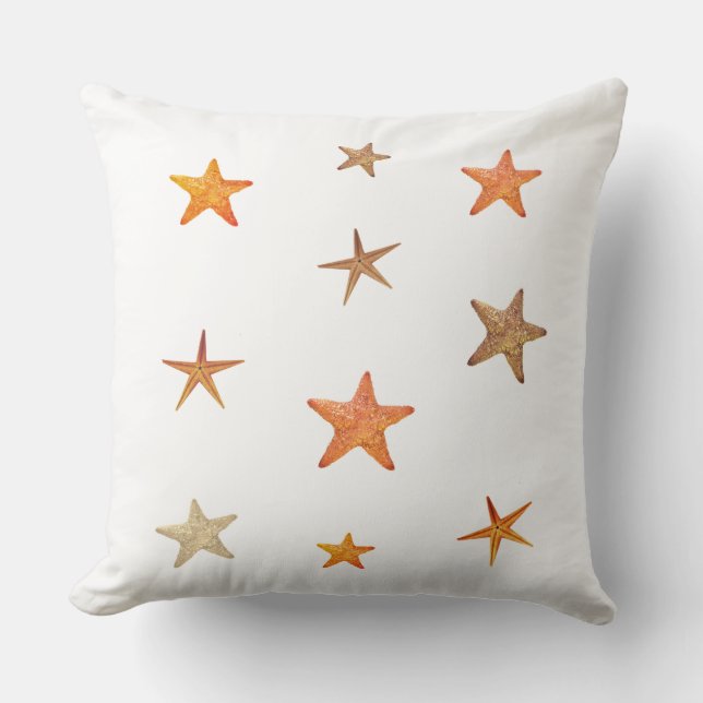 Almofada Estrelas-do-mar laranja e bege sobre branco (Frente)