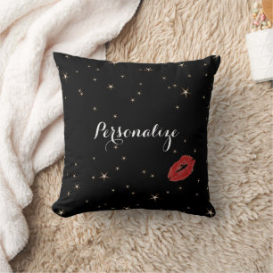 Almofada Estrelas Dourados glamoroso com beijo vermelho do