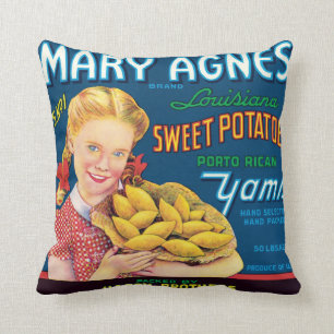 Almofada Etiqueta do vintage das batatas doces de Mary