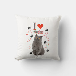 Almofada Eu ❤️ Gatos – Desenho de Gato Fofo e Pegada de Pat