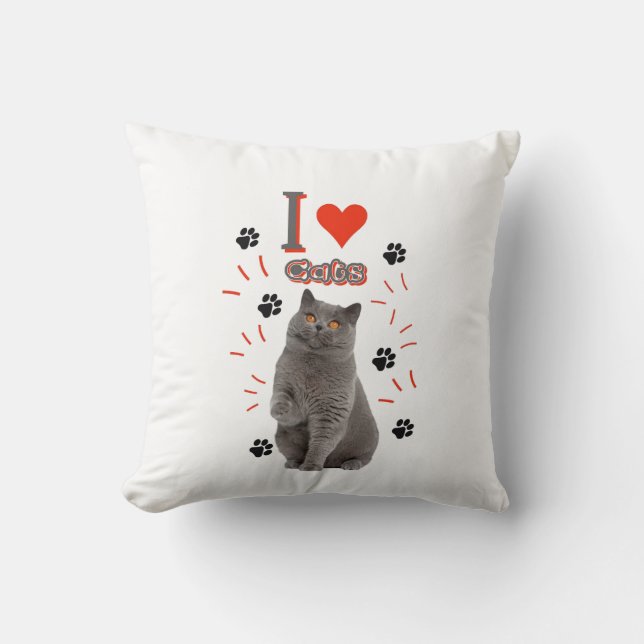 Almofada Eu ❤️ Gatos – Desenho de Gato Fofo e Pegada de Pat (Frente)