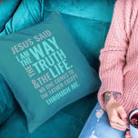 Almofada Eu sou o caminho dos Travesseiros decorativos<br><div class="desc">Travesseiros decorativos com o verso bíblico de John 14:6 Jesus lhe disse, "Eu sou o caminho, a verdade, e a vida. Ninguém pode vir ao Pai exceto por mim". Os versos estão em cores pastéis azuis e em caligrafia mista e tipografia minimalista. Esta moda, design de fé moderna é a...</div>