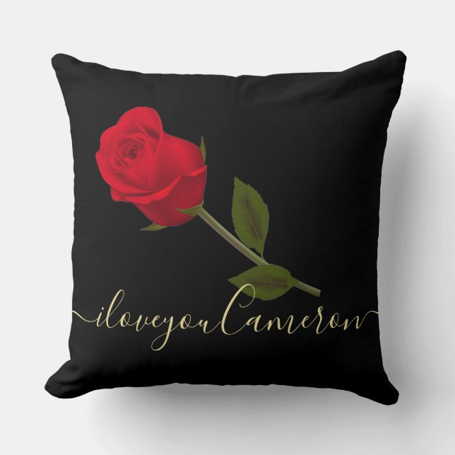 Almofada Eu te amo Rosa vermelha em preto e Dourado monogra (Frente)