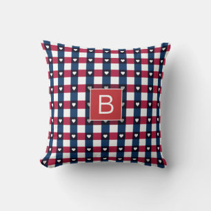 Almofada EUA Padrão Corações Vermelhos Azul Branco Monogram