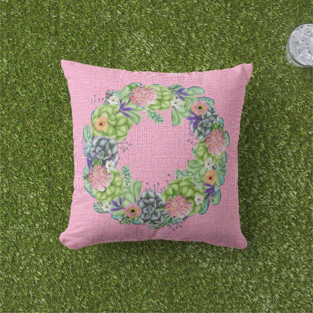 Almofada Exaustor Floral de Aquarela Suculta a Rosa (Grama)