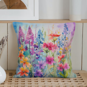 Almofada Explosão de Flores Silvestres Abstratas em Aquarel