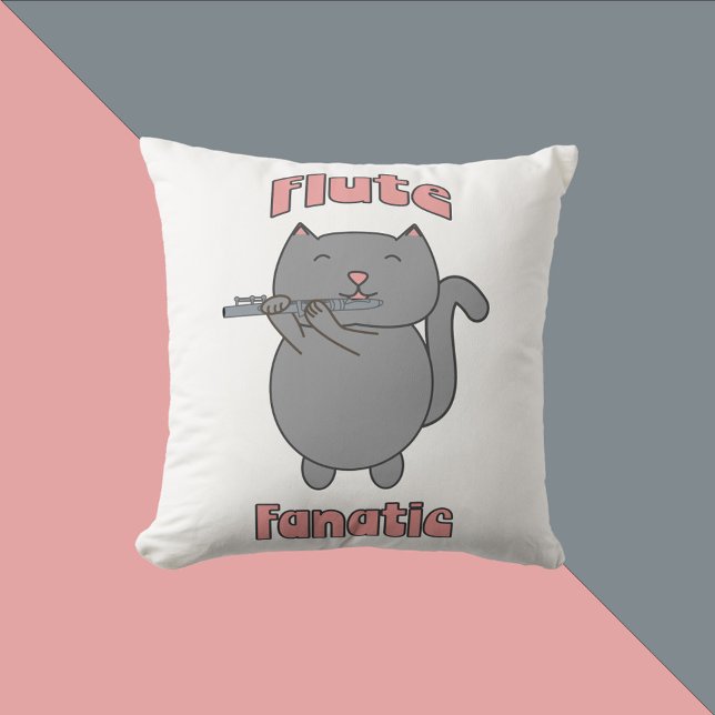 Almofada Fã de Flauta Musical Flauta Gato Rosa (A throw pillow featuring a gray cat playing the flute and the text Flute Fanatic in pink.)