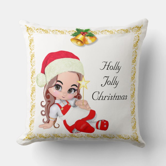 Almofada Fada de Natal Vestida de Vermelho e Sininhos Doura (Frente)