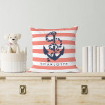 Almofada Faixa de Coral Náutica e Âncora de Marinho Persona<br><div class="desc">Design apresenta uma ilustração clássica de âncora azul de marinho e corda em um fundo de faixa branca e coral. Personalize com um nome ou texto de sua escolha ou simplesmente exclua o texto de amostra para deixar o vazio. Coordenando acessórios disponíveis em nosso compro!</div>