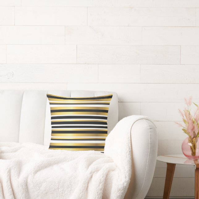 Almofada Faixas de Vintagem Pretas, Douradas e Brancas (Sofá)