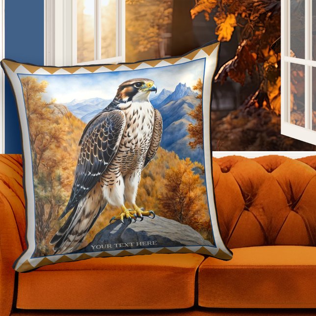 Almofada Falcão nas Montanhas Arte Animal (Pillow featuring a painting of a falcon in a mountain landscape. Great for anyone who loves birds.)