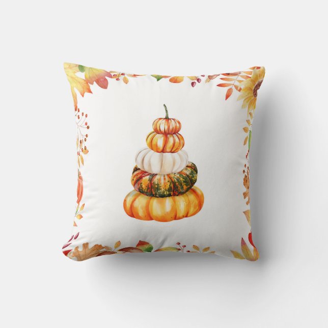 Almofada Fall Farmhouse Pumpkins com Folhas de Aquarela (Frente)
