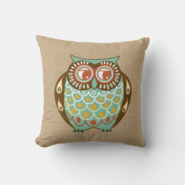Almofada Fall Owl no faux Burlap Travesseiro (Frente)