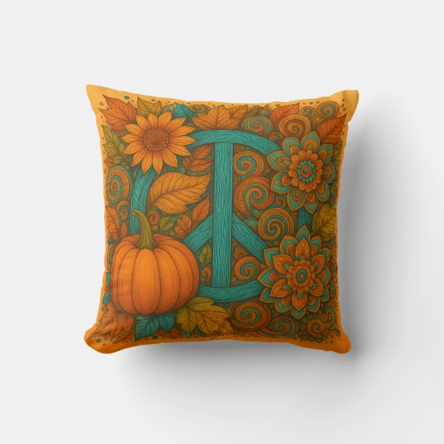 Almofada Fall Peace Sign Pumpkins Turquoise & Orange Pillow (Frente)