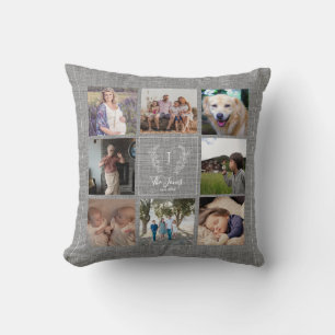 Almofada Família 8 foto colagem monograma nome russa burlap