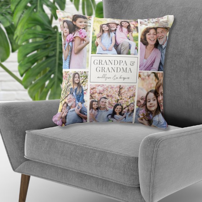 Almofada Família de Colagem Fotográfica de Avós (Grandparents Photo Collage Family Throw Pillow)