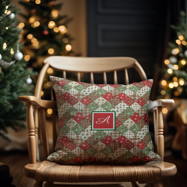 Almofada Família monograma natal patchwork Verde Vermelho  (Criador carregado)