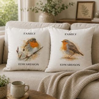Almofada Família monogramada adorável pássaro robin em aqua