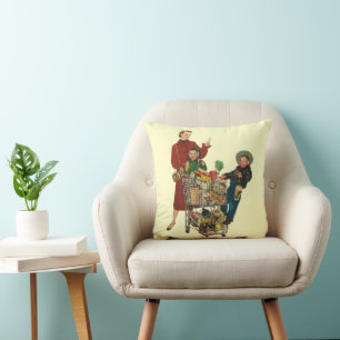 Almofada Família Retro, Mãe e Crianças Carrinho de Compras 