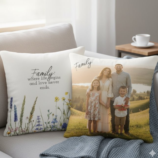 Almofada Family Quote Wildflower Botanical Photo Keepsake (Floral family photo and quote pillow)