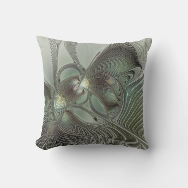 Almofada Fantasia de Arte Fractal da Cinza Olive Sage (Frente)