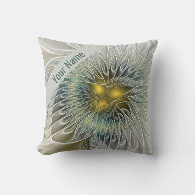 Almofada Fantasia Flor de Prata Dourada Abstrata Fractal No (Frente)